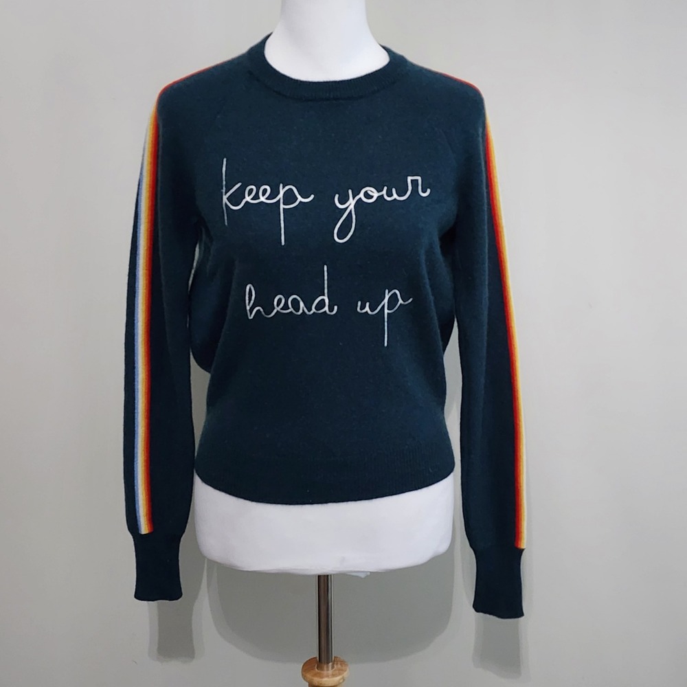 Spiritual Gangster Sweater Women Small Teal Wool Cashmere Graphic Rainbow Stripe